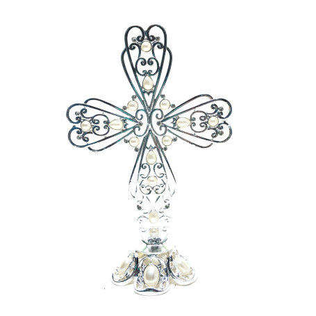 CRUCIFIXO DE METAL ARAMADO COM PÉROLA - PRATA