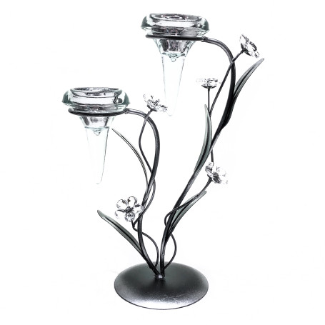 CASTIÇAL DE FERRO - PRETO - COM FLORES E PORTA VELA DE VIDRO