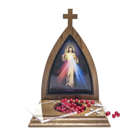 CAPELINHA DE MADEIRA PARA INTENÇÕES COM TERÇO - JESUS MISERICORDIOSO