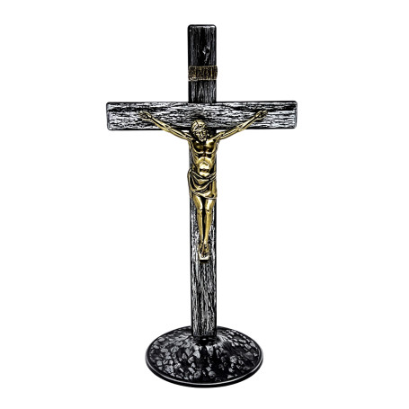 CRUCIFIXO DE METAL - MESA - PRATA VELHA - 27CM