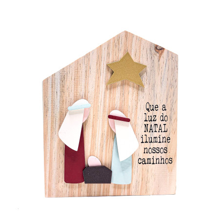 PLACA DE MESA - CASINHA - PRESÉPIO - MADEIRA CRUA
