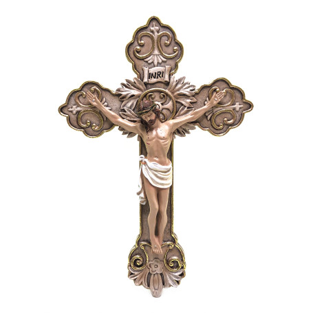 CRUCIFIXO DE RESINA COM ARABESCOS - NUDE COM DOURADO