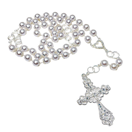 TERÇO DE NOIVA - PÉROLA 10MM - PRATA - CORAÇÃO COM STRASS E ALIANÇA