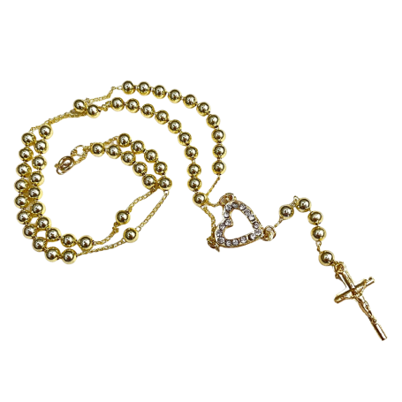 TERÇO DE PESCOÇO COM FECHO - DOURADO - CORAÇÃO COM STRASS