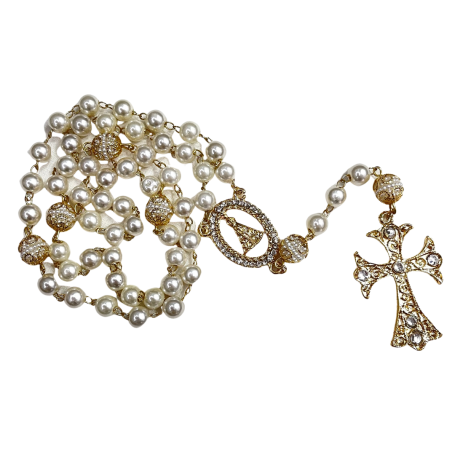 TERÇO PÉROLA LUXO COM STRASS - APARECIDA