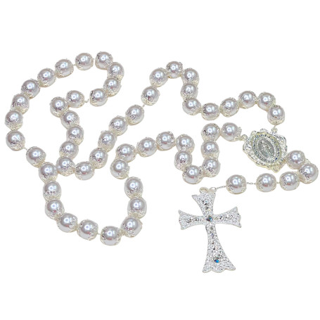 TERÇO DE NOIVA - PÉROLA 16MM - PRATA - NOSSA SENHORA DAS GRAÇAS