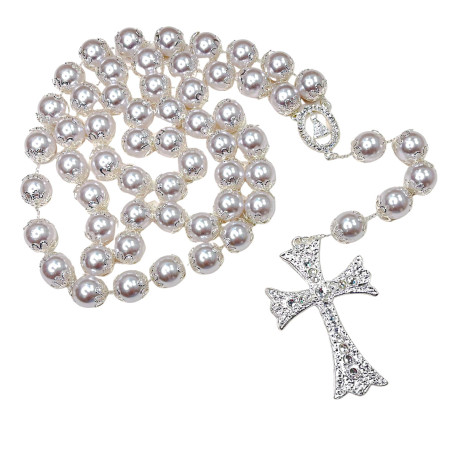 TERÇO NOIVA - PÉROLA 16MM - PRATA - APARECIDA COM STRASS