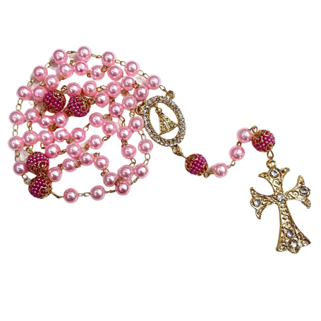 TERÇO PÉROLA LUXO COM STRASS - APARECIDA - ROSA