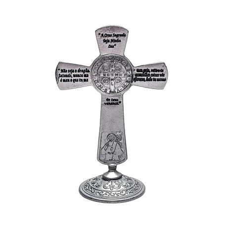CRUZ DE METAL COM ORAÇÃO DE SÃO BENTO - PRATA