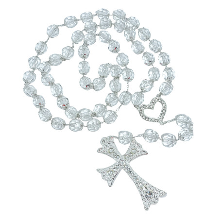 TERÇO DE NOIVA - SEMICRISTAL 16MM - PRATA - CORAÇÃO COM STRASS