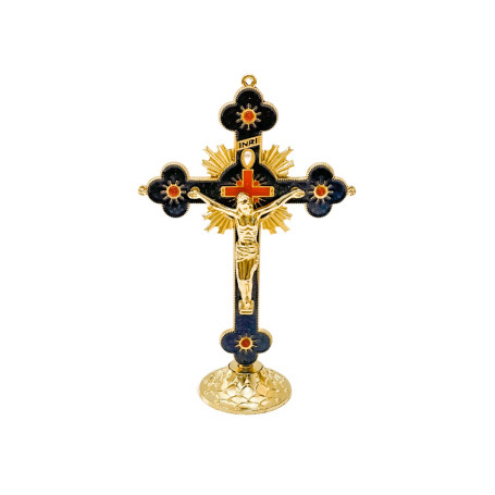 CRUCIFIXO DE METAL RESINADO - 16CM - DOURADO E AZUL ESCURO