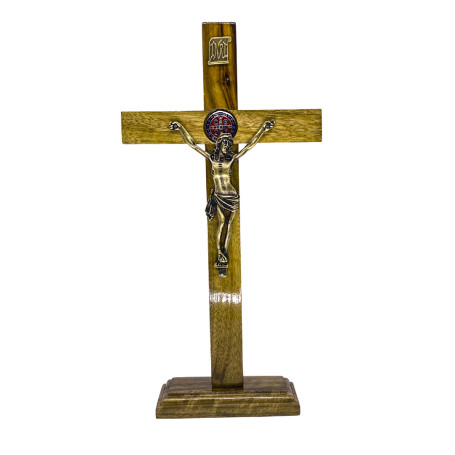 CRUCIFIXO DE MESA - MADEIRA -SÃO BENTO RESINADO - 35CM