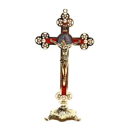 CRUCIFIXO DE METAL - DOURADO COM VERMELHO E PÉROLAS