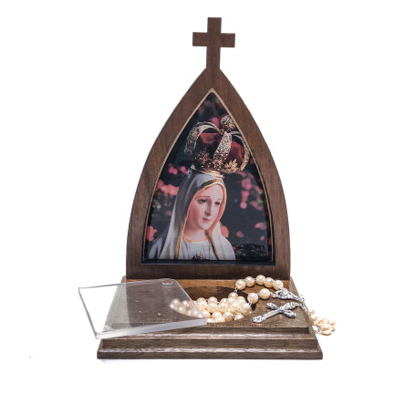 CAPELINHA DE MADEIRA PARA INTENÇÕES COM TERÇO - NOSSA SENHORA DE FÁTIMA