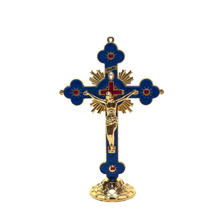 CRUCIFIXO DE METAL RESINADO - 16CM - DOURADO E AZUL
