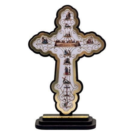 CRUZ DA VIDA DE JESUS - 27CM - CONTORNO ACRÍLICO DOURADO - COM BASE