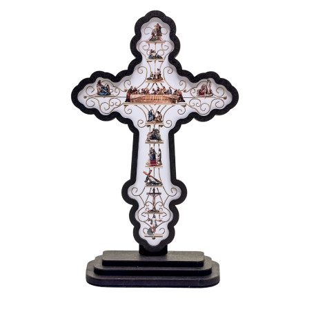 CRUZ DA VIDA DE JESUS - 27CM - CONTORNO TABACO - COM BASE