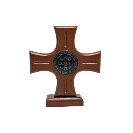 CRUZ DE SÃO BENTO COM BASE - MADEIRA CLARA COM MEDALHA PRATA