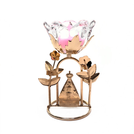 CASTIÇAL DE VIDRO - NOSSA SENHORA APARECIDA - FLOR - COM VELA