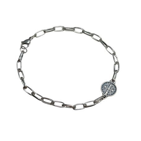 PULSEIRA DE AÇO COM MEDALHA PRATA VELHA - SÃO BENTO