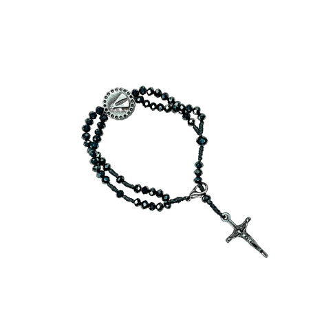TERÇO DE PULSO EM CRISTAL - APARECIDA - PRETO COM PRATA