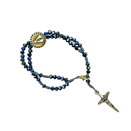 TERÇO DE PULSO EM CRISTAL - APARECIDA - PRETO, AZUL E DOURADO