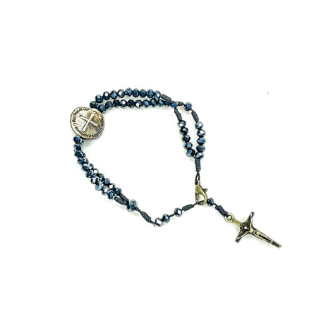 TERÇO DE PULSO EM CRISTAL - DUAS CRUZES - AZUL COM DOURADO