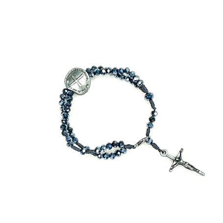TERÇO DE PULSO EM CRISTAL - DUAS CRUZES - AZUL COM PRATA