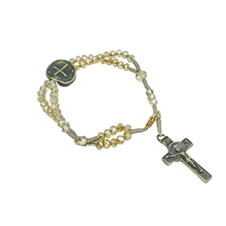 TERÇO DE PULSO EM CRISTAL - DUAS CRUZES - DOURADO