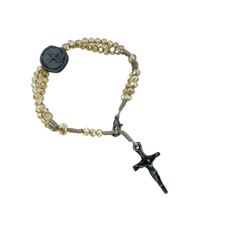 TERÇO DE PULSO EM CRISTAL - DUAS CRUZES - DOURADO COM PRATA