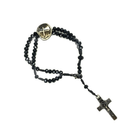 TERÇO DE PULSO EM CRISTAL - DUAS CRUZES - PRETO COM DOURADO