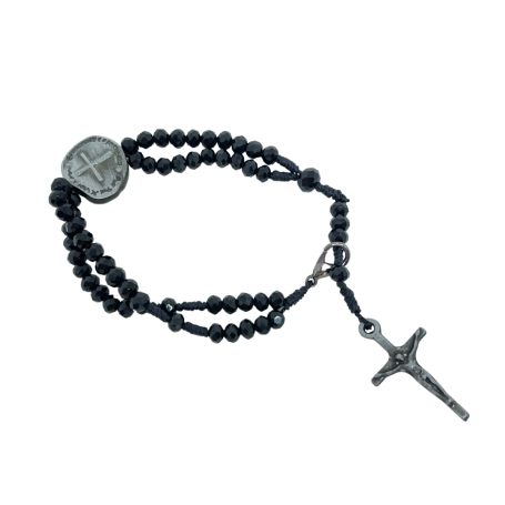 TERÇO DE PULSO EM CRISTAL - DUAS CRUZES - PRETO COM PRATA