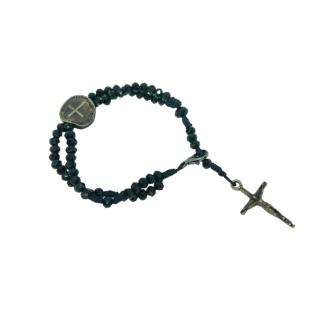 TERÇO DE PULSO EM CRISTAL - DUAS CRUZES - PRETO E DOURADO - CRUZ P