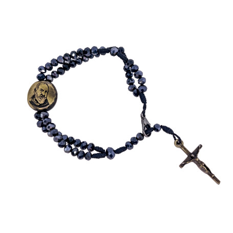 TERÇO DE PULSO EM CRISTAL - PADRE PIO - AZUL COM DOURADO