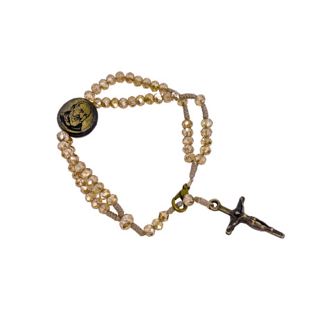 TERÇO DE PULSO EM CRISTAL - PADRE PIO - DOURADO