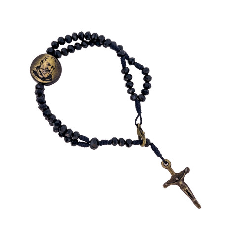 TERÇO DE PULSO EM CRISTAL - PADRE PIO - PRETO COM DOURADO