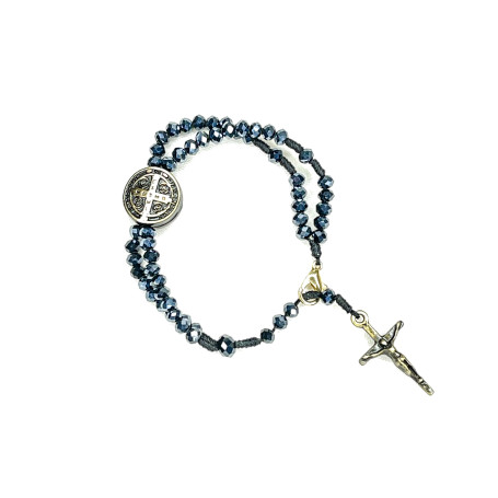 TERÇO DE PULSO EM CRISTAL - SÃO BENTO - AZUL COM DOURADO - CRUZ FINA