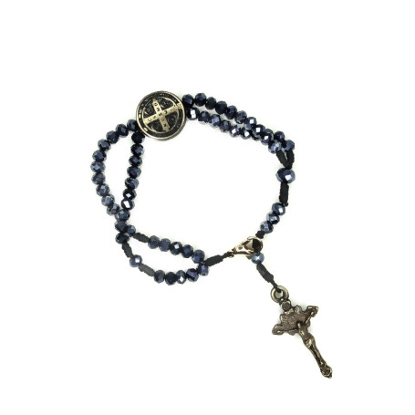 TERÇO DE PULSO EM CRISTAL - SÃO BENTO - AZUL ESCURO COM DOURADO