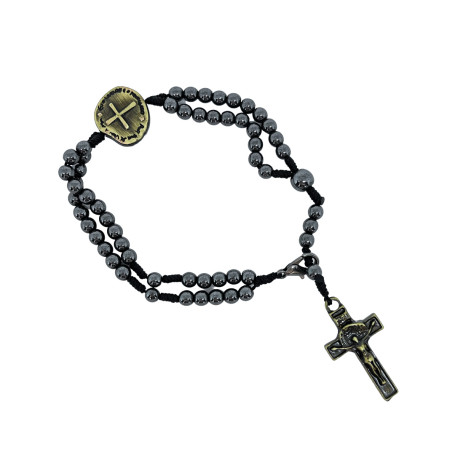 TERÇO DE PULSO EM HEMATITA - DUAS CRUZES - DOURADO
