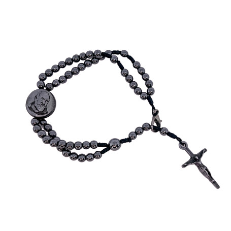 TERÇO DE PULSO EM HEMATITA - PADRE PIO - PRATA