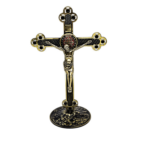 CRUCIFIXO COM MEDALHA DE SÃO BENTO - OURO VELHO - 25CM