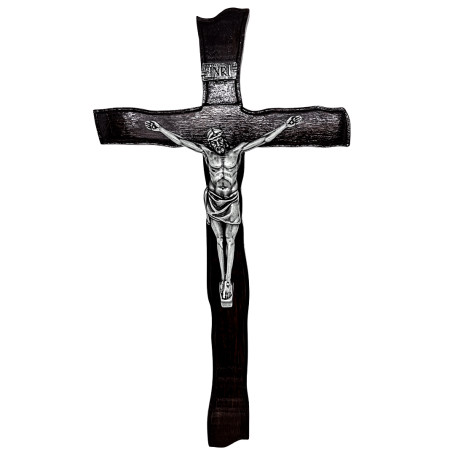 CRUCIFIXO DE MADEIRA NOBRE - PRATA VELHA - 39CM
