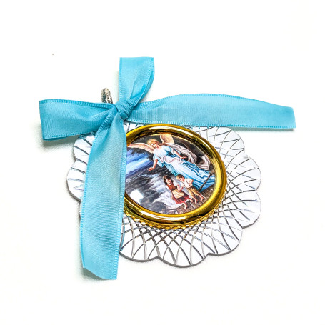 MEDALHÃO DE BERÇO PRATA - ANJO DA GUARDA - FITA AZUL