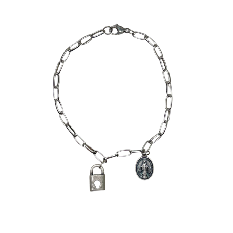 PULSEIRA DE AÇO COM MEDALHA PRATA VELHA - NOSSA SENHORA DAS GRAÇAS