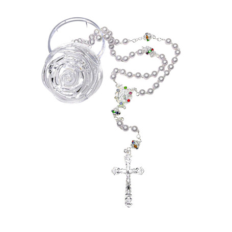 TERÇO PÉROLA COM STRASS COLORIDO - NOSSA SENHORA APARECIDA - PRATA