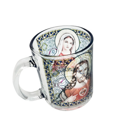 CANECA DE VIDRO - SAGRADO CORAÇÃO DE MARIA E JESUS - VITRAL