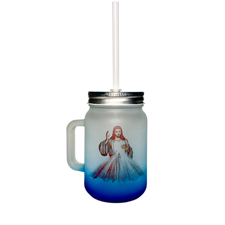 COPO COM CANUDO - JESUS MISERICORDIOSO E SANTA FAUSTINA - AZUL