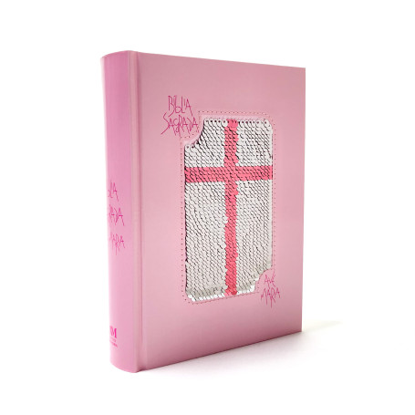 BÍBLIA COM LANTEJOULA - ROSA - AVE MARIA