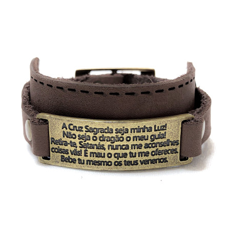 PULSEIRA DE COURO DUPLA - ORAÇÃO DE SÃO BENTO - MARROM