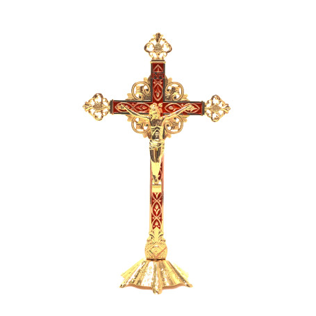 CRUCIFIXO DE METAL RESINADO - DOURADO E VERMELHO